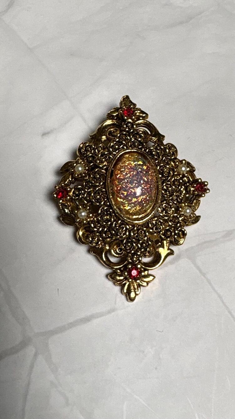Vintage Victorian Revival Faux Dragons Breath Fire Opal Filigree Brooch Pin 2